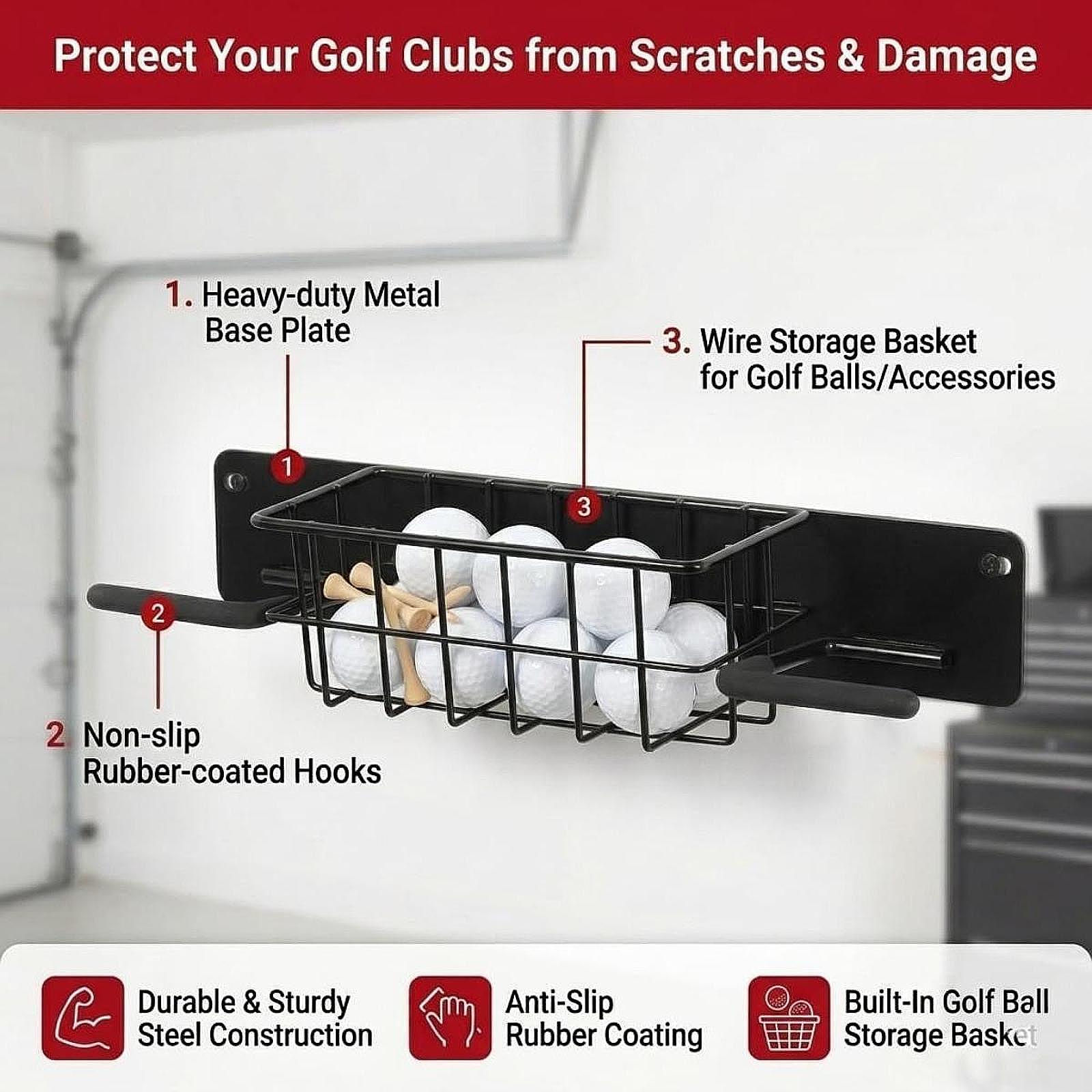 Golf Equipment Organizer For Garage - Yer Tasarruflu Golf Ekipmanları Duvar Rafı